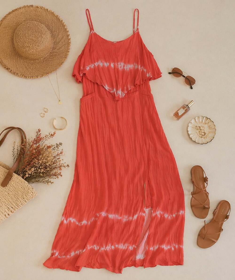 Mudd Coral Tie Dye‎ Maxi Dress L Boho Beach Flowy Summer